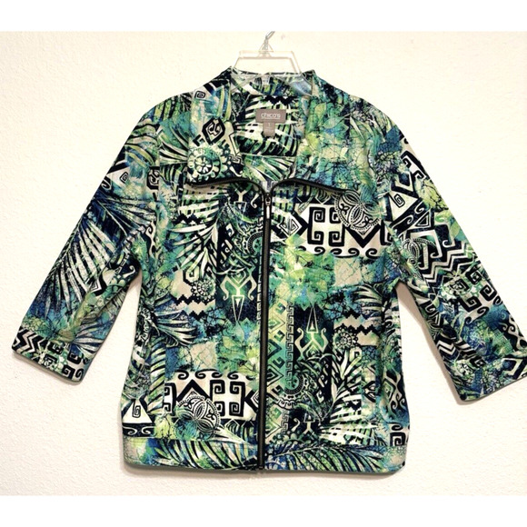 Lightweight Tropical Zip-Up Jacket CHICOs Size 1‎ (Large) Green Abstract Pattern - Picture 1 of 7